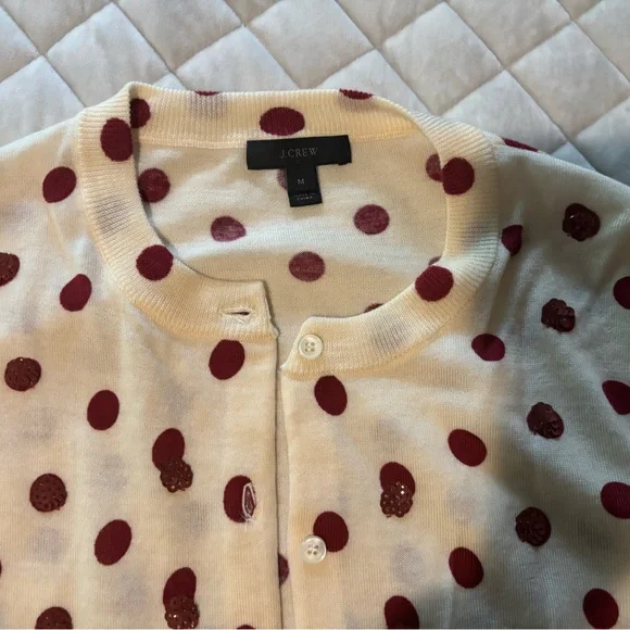 🍒 J.Crew Polka Dot Cardigan Sweater – Cream with Burgundy Dots & Sequins - Picture 2 of 3